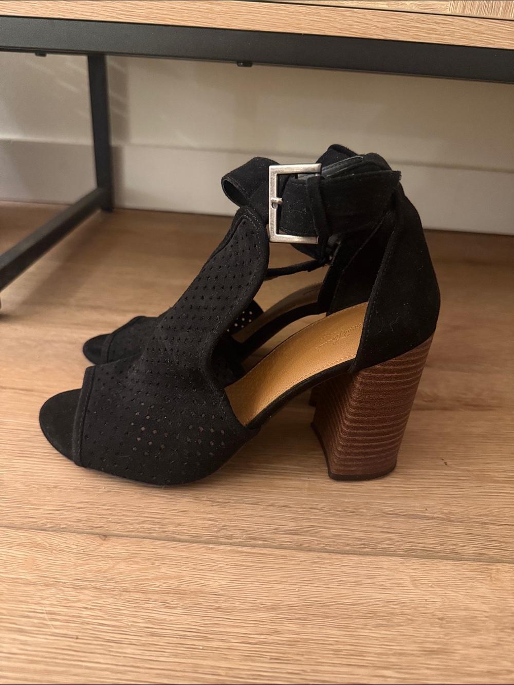 Francesca's Collections Black Suede Perforated Block Heel Sandals
